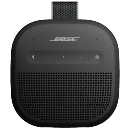Front view of a black Bose portable Bluetooth speaker with a perforated grille, control panel, and fabric loop at the top.
