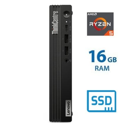 Lenovo ThinkCentre mini desktop stick with Ryzen 5, 16GB RAM and SSD.