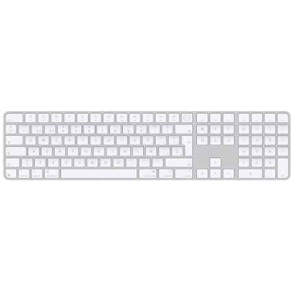 Full-size white keyboard with numeric keypad and low-profile chiclet keys, viewed from above