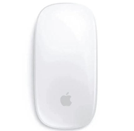 White Apple Magic Mouse on a plain white background, showing its smooth curved surface and Apple logo