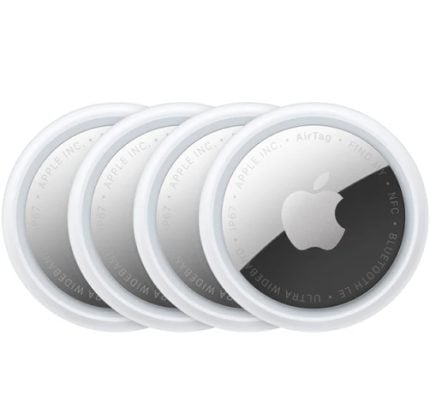 Three Apple AirTag trackers overlapped, showing their circular silver design with the Apple logo.