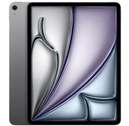 Tablet computer with a large edge-to-edge display in portrait orientation, showing an abstract purple and silver wallpaper and a back corner camera.