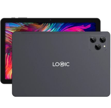 Gray Logic tablet shown from the back with a triple-lens camera module in the top-right corner, overlapping a colorful screen tablet behind it.