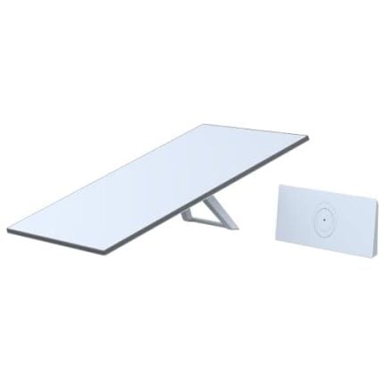 White rectangular tilt panel on a metal stand with a separate white wall plate beside it.