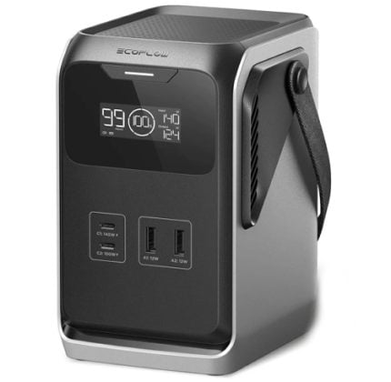 EcoFlow portable power station with a top handle, front digital display showing battery level, and two USB ports on the front panel.