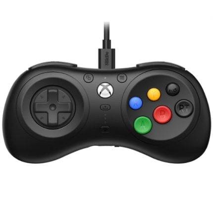 Black wired Xbox 360 game controller viewed from above, showing the left control pad, center Xbox button, and colored A (green), B (red), X (blue), and Y (yellow) buttons.