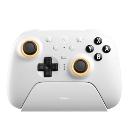White game controller with orange-glow around both analog sticks, a black D-pad, and X Y B A face buttons on the right.