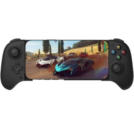 Portable handheld game console displaying a desert race with two futuristic cars on the screen.