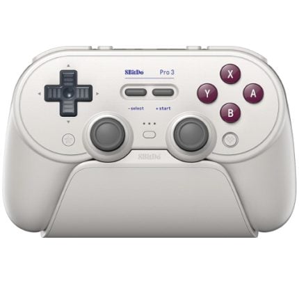White 8BitDo Pro 3 game controller with burgundy X Y A B buttons and black D‑pad on a light gray body.
