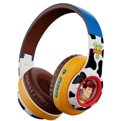 Over-ear children’s headphones with a Toy Story Woody design on the ear cup and a blue/brown headband.