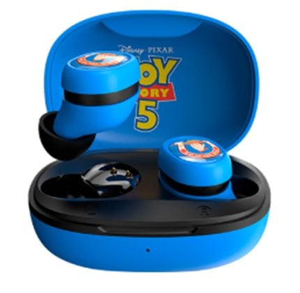 Blue wireless earbuds in an open charging case with Toy Story 5 branding on the lid.