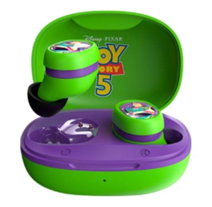 Green and purple wireless earbuds in a matching charging case, open to reveal the earbuds with Toy Story 5 branding on the lid.