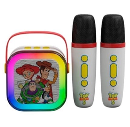 Colorful kids' karaoke speaker with Toy Story design and two white wireless microphones.