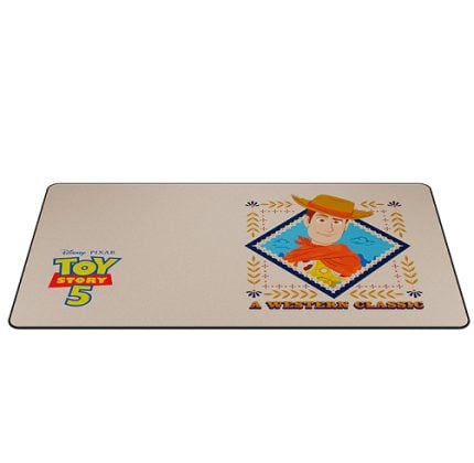 Beige mat with Toy Story 5 branding on the left and a Woody portrait in a diamond frame on the right, captioned 'A Western Classic'.