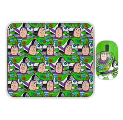 Mouse pad and matching mouse covered in a repeating Buzz Lightyear pattern from Toy Story.