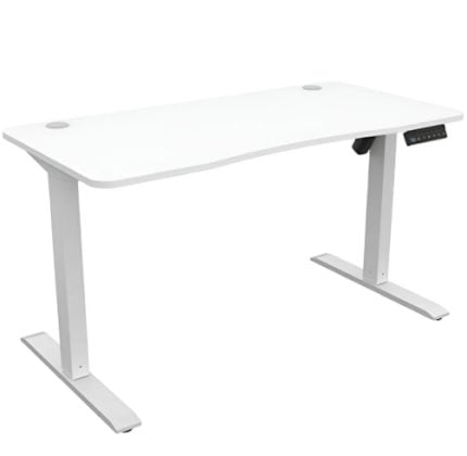 White height‑adjustable standing desk with two sturdy legs, rounded edges, a right-side control panel, and two circular cable grommets on the surface.