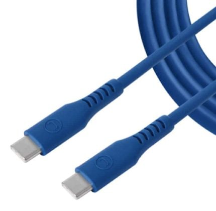 Close-up of a blue USB-C cable showing two male USB-C connectors in the foreground.