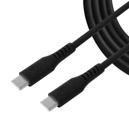 Close-up of a black USB-C to USB-C cable with dual connectors on a white background.