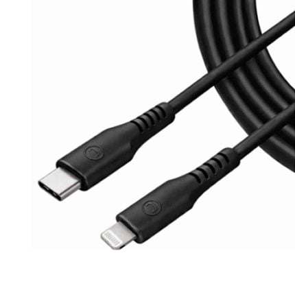 USB-C to Lightning charging/data cable with black connectors and coil design