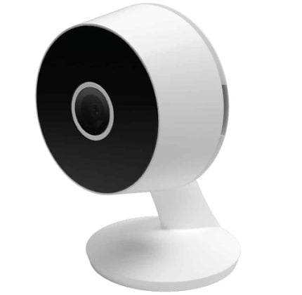 White spherical security camera on a white stand facing forward (indoor surveillance).