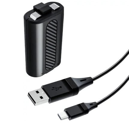 Portable power bank with a micro-USB/USB-A charging cable, shown with a two-pin top design for charging devices