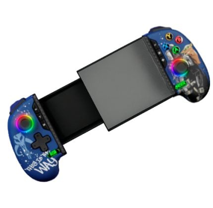 Blue dual-joystick gaming controller grip with RGB-lit analog sticks at each end and a central rail for handheld play.