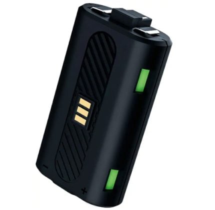 Black compact rechargeable battery with gold contact pads and two green terminal ends showing on top and side