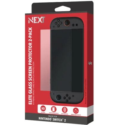 Packaging for NEXT Elite Glass Screen Protector 2-Pack for Nintendo Switch 2, featuring a Nintendo Switch image on red box.