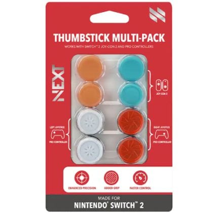 Thumbstick multi-pack for Nintendo Switch 2 controllers featuring six colored joystick caps (orange, teal, white, and red) in a red blister-pack.