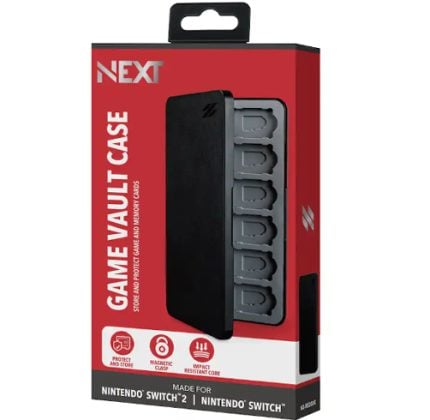Box for Next Game Vault Case: red packaging with a black storage case and six cartridge slots visible on the front panel.