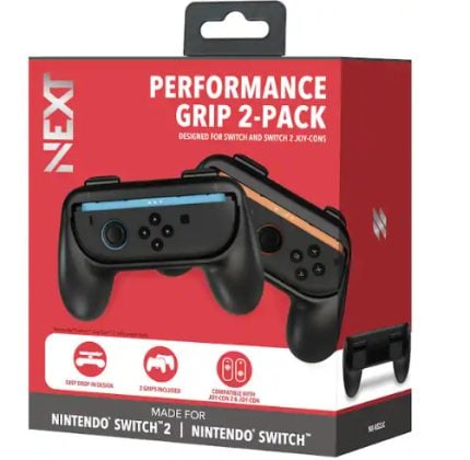 Nexxt Performance Grip 2-Pack box for Nintendo Switch, showing two black ergonomic controller grips in packaging.