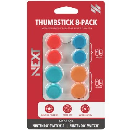Eight colored thumbstick grips (8-pack) for Nintendo Switch Joy-Con in red blister-pack packaging labeled 'Thumbstick 8-Pack'