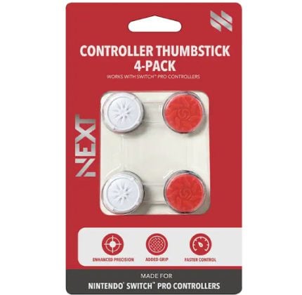NEXI four-pack thumbsticks for Nintendo Switch Pro Controllers in white and red, shown in red packaging reading 'Controller Thumbstick 4-Pack'.