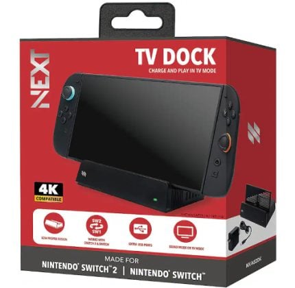 NEX TV Dock packaging for Nintendo Switch; red box shows the 4K-compatible dock and handheld console with Joy‑Con sides.