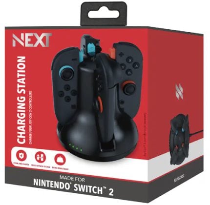 Next charging station for Nintendo Switch controllers, a black docking unit on a red package, holding four Joy-Cons and two controllers.