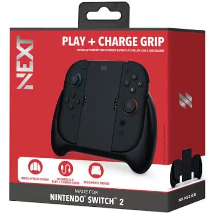 NEXX Play + Charge Grip for Nintendo Switch, black ergonomic charging grip for two controllers, packaging shown.