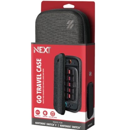 NEXT Go Travel Case for Nintendo Switch; gray zippered travel case with internal storage shown inside its red packaging