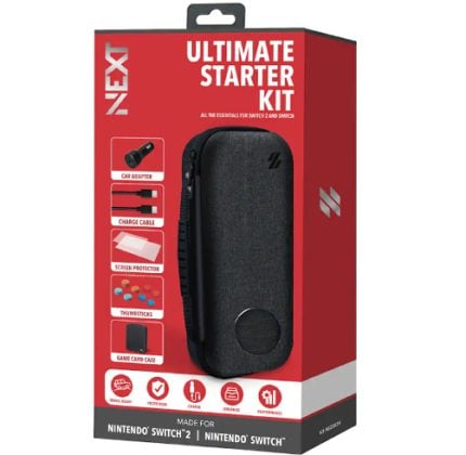 NEX Ultimate Starter Kit packaging showing a black carrying case and included accessories for Nintendo Switch and Switch Lite, in a red box