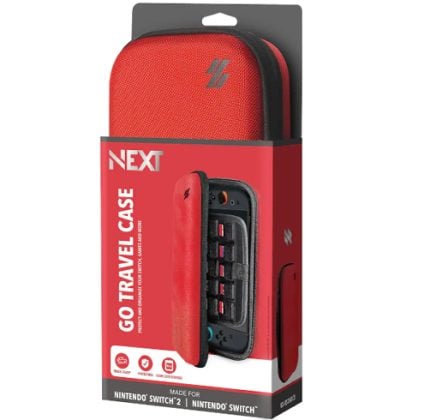 Red NEXT Go Travel Case for Nintendo Switch, shown in packaging, with zipper and internal cartridge storage visible.