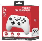 Red packaging for a wireless game controller, white SNES-style controller image on the front, text reads 'Wireless Controller' and 'Made for Nintendo Switch' on a bold red box.