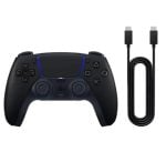 Black PlayStation 5 DualSense wireless controller with a USB-C charging cable nearby. This is a product image showing the controller and charging cord on a white background.