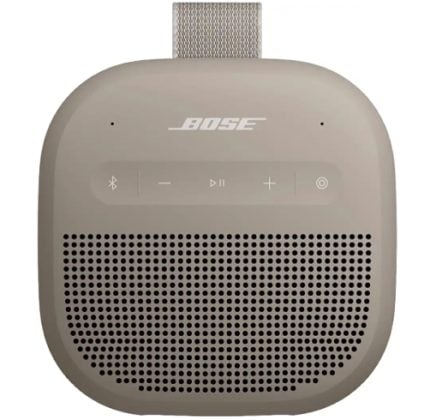 Bose portable Bluetooth speaker with rounded square shape and perforated front grill, top control panel including Bluetooth, play/pause, and volume buttons.