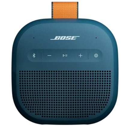 Blue Bose portable Bluetooth speaker with an orange strap, front-facing grille and control panel with Bluetooth and playback icons.