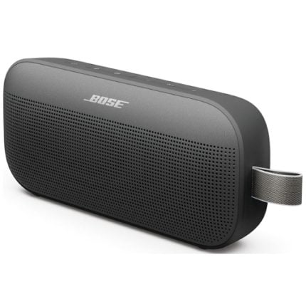 Bose portable Bluetooth speaker with a perforated front grille and a side fabric strap, in black color.