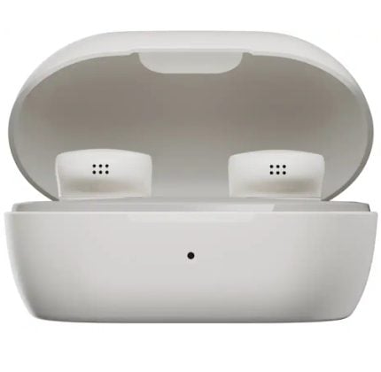 White wireless earbuds in an open charging case