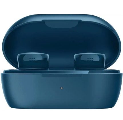 Blue wireless earbuds inside an open charging case, showing the earbud housings.