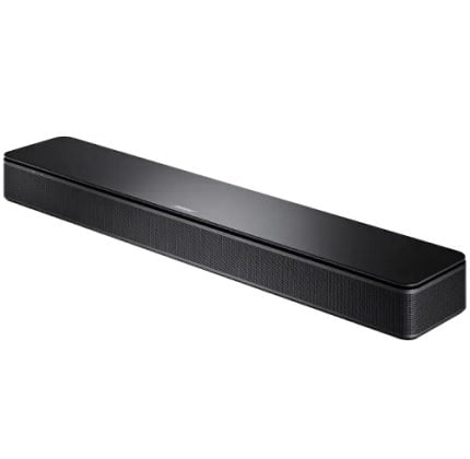 Long black soundbar speaker on a white background, angled diagonally across the frame.