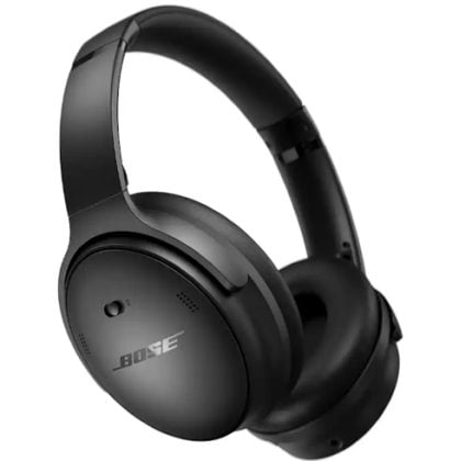 Black Bose over-ear wireless headphones facing left, showing ear cups and headband.