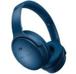 Blue over-ear headphones with cushioned ear pads on a white background, angled to show ear cups and headband.