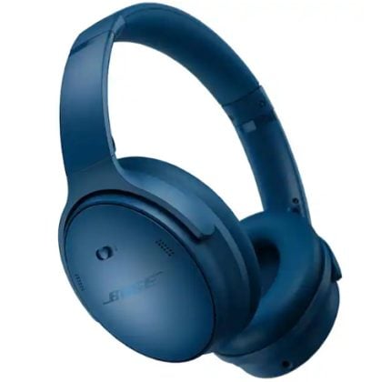 Blue over-ear headphones with cushioned ear pads on a white background, angled to show ear cups and headband.